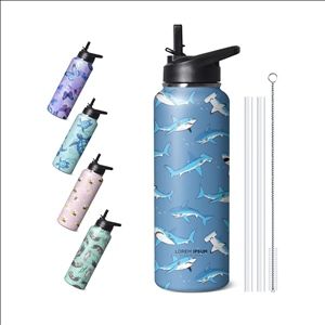 40oz Cute Shark Water Bottle with Handle and Flip Straw,Sports Stainless Steel Insulated Cup,Travel